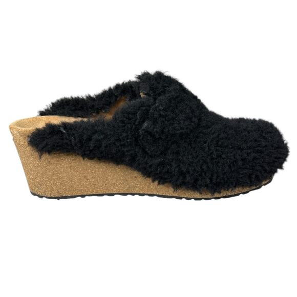 Papillio X Birkenstock Unisex Fanny Teddy Fuzzy Black Wedge Clog Size 39 M 6 W 8 - Picture 4 of 11